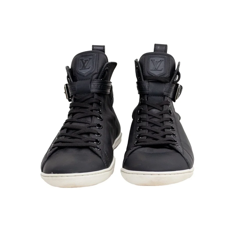 Louis Vuitton Falcon High Top Sneakers Black Leather LV Strap Trainers UK 8 US 9 - Picture 4 of 13